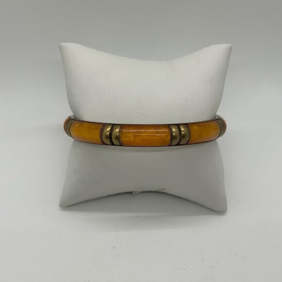 Estate Jewelry - Vintage Brass & Amber-Colored Acrylic Bangle Bracelet 8 Inch